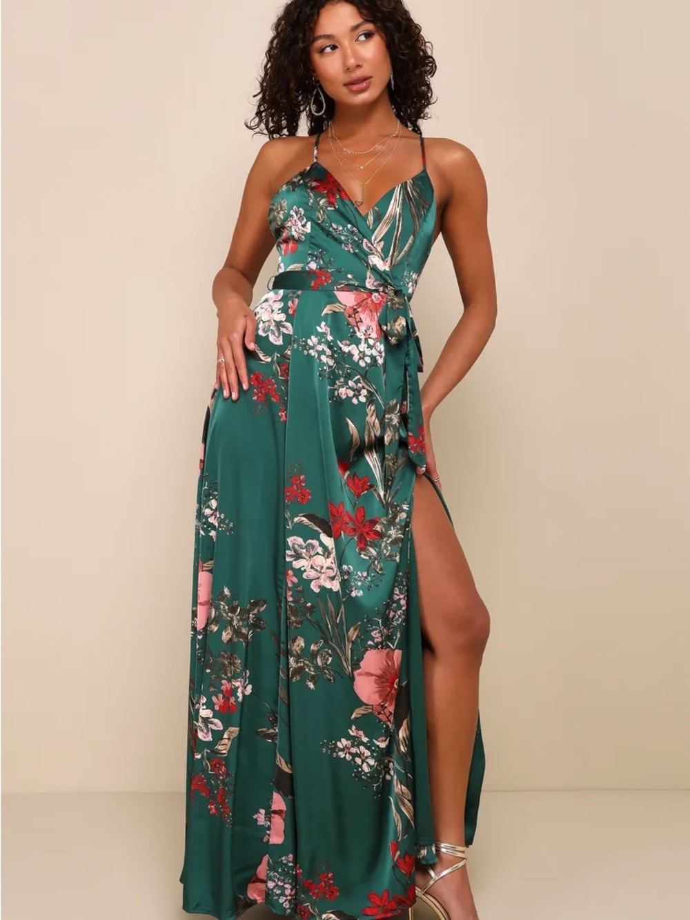 LULUS Still the One Emerald Green Floral Print Satin Maxi Dress